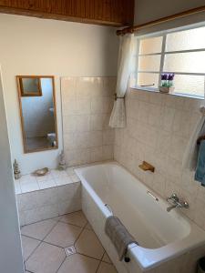 a bathroom with a bath tub and a mirror at Manwood Lodge in Rosetta