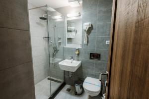 La salle de bains est pourvue d'une douche, d'un lavabo et de toilettes. dans l'établissement Hotel Nais, à Niš