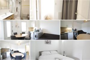 een collage van foto's van een badkamer en een slaapkamer bij Tramway Jaurès Pavillon Proche Gare 10 bis in Le Mans