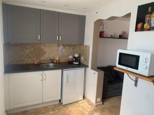 uma pequena cozinha com um lavatório e um micro-ondas em Appartement au calme et belle terrasse em Peyroules