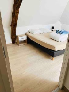 1 dormitorio con 1 cama y suelo de madera en Appart T3 neuf à 15 min d’Angers, en Corné