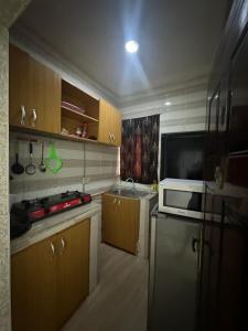 una pequeña cocina con nevera y microondas en Cozy one bedroom, Lekki-ikate, en Lagos