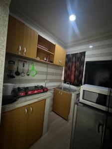 a small kitchen with a stove and a microwave at Cozy one bedroom, Lekki-ikate in Lagos