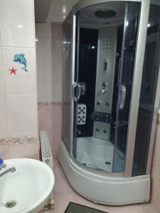 ein Bad mit einem Waschbecken, einer Dusche und einem WC in der Unterkunft Eleon in Uman