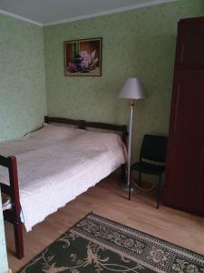 ein Schlafzimmer mit einem Bett, einer Lampe und einem Stuhl in der Unterkunft Eleon in Uman