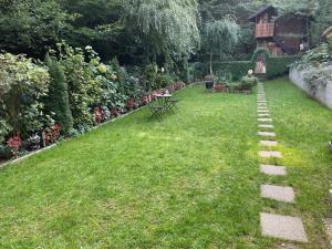 a garden with a flagged path in the grass at Pensiunea Eugenia in Bran