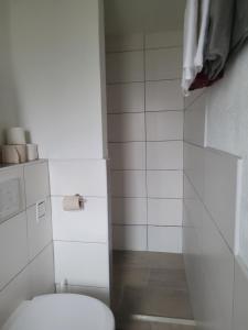 a white bathroom with a toilet and a shower at Ferienhaus Gertrud in Nesselwängle