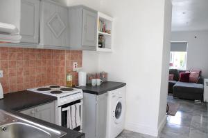 a kitchen with a stove and a washing machine at 2 BEDROOM The White House in Cahersiveen