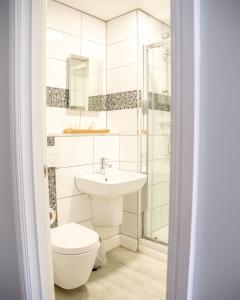 a bathroom with a sink and a toilet at Mullions 51 B&B in Street