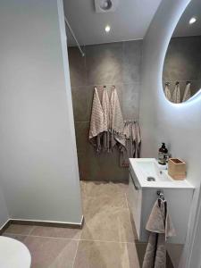 a bathroom with a sink and a mirror at KvarteretSkatan! in Ystad