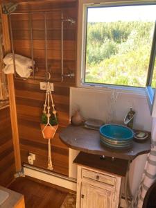 a tiny house with a sink and a window at Jardim Dos Mil Gostos Covões in Sertã