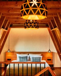a bedroom with a bed and a chandelier at Aruna Bran in Bran