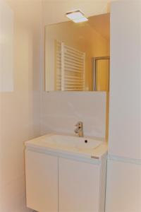 een badkamer met een wastafel en een spiegel bij Strandhuis 0102 in De Haan