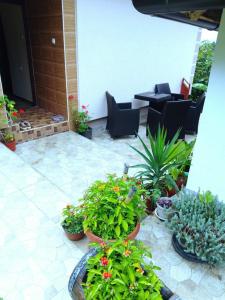 a patio with potted plants and tables and chairs at DRAGICA Manastirska 10 in Ljubovija