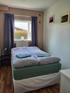 um quarto com uma cama grande e uma janela em Hvanneyri apartment em Hvanneyri