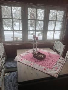 una mesa con un mantel rosa y una caja en ella en Svingom - hytte uten strøm og vann 