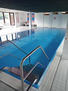 une grande piscine d'eau bleue et des escaliers. dans l'établissement Schwarzwaldtraum, à Sasbachwalden