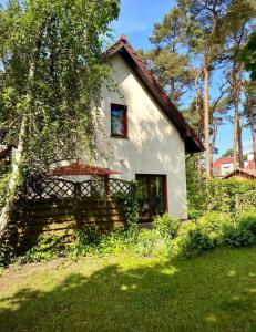 une maison blanche avec un arbre devant dans l'établissement Domek na Sosnowej, à Pobierowo