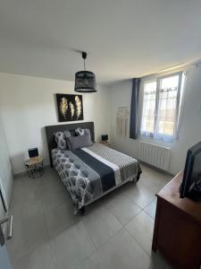 a bedroom with a bed and a pendant light at Maison chaleureuse avec terrasse privative proche de la gare in Rochefort