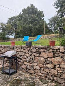 Treize-VentsにあるGîte les Pieds dans l'eau bord de Sèvre, 10 min du Puy du Foの石壁に座る青い椅子2脚