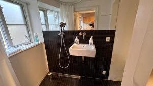 La salle de bains est pourvue d'un lavabo et d'une douche. dans l'établissement Boutique Apartments 1 - 8, à Copenhague