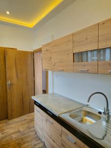 a kitchen with a sink and wooden cabinets at Apartmány NATIVE in Prešov