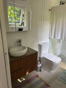 a bathroom with a toilet and a sink and a window at Schönes Haus direkt am Fluß in der Mata Atlantica in São Sebastião
