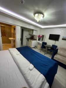 イスタンブールにあるタクシム イスティクラル スイーツのベッドルーム(大型ベッド1台付)、リビングルームが備わります。