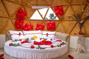 een bed met twee zwanen erop in een kamer met ballonnen bij Magia Verde Glamping in Tinjacá