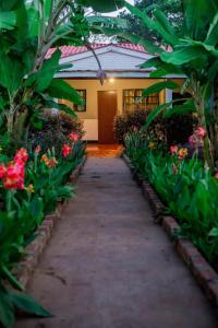Royal Wonders Hotel في موشي: ممشى يؤدي إلى منزل به زهور