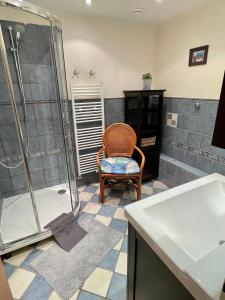uma casa de banho com um chuveiro, uma cadeira e um lavatório. em King size apartmán Pension Monika em Spindleruv Mlyn