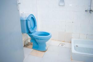 La salle de bains est pourvue de toilettes bleues et d'une baignoire. dans l'établissement Bekam Hotel, à Keruguya