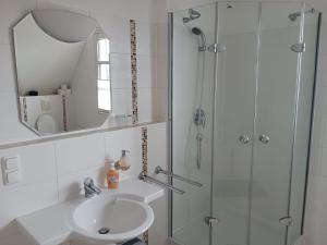 a bathroom with a sink and a shower at Landidylle mit Garten, Whirlpool und Klima in Reken