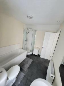 a bathroom with a toilet and a sink and a tub at The Dublin Packet Apartment in Holyhead