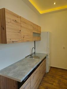 a kitchen with a sink and a refrigerator at Apartmány NATIVE in Prešov