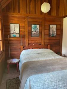 a bedroom with a bed in a room with wooden walls at Chácara Sakura in Santo Antônio do Pinhal