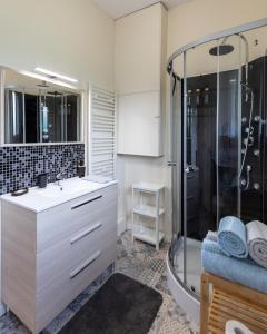 Prignac-et-Marcamps的住宿－Gîte au milieu des vignes，带淋浴、盥洗盆和浴缸的浴室