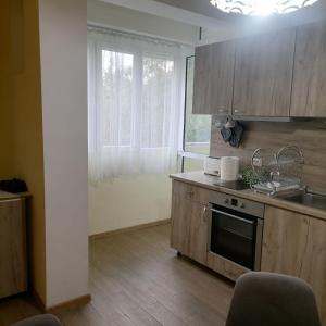 uma cozinha com armários de madeira, um lavatório e uma janela em M Art Apart em Sófia