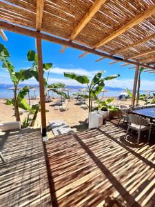 a view of a beach with chairs and tables at Jessica's Studios & Apartments in Kavos
