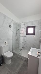 a bathroom with a shower and a toilet and a sink at Central Two Bedroom Apartment, No 101, by IMH Travel & Tours in Paphos