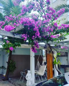 een pergola met paarse bloemen op een patio bij Czaritza Apart Hotel in Bombinhas