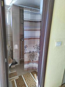 een kleine badkamer met een douche met een gordijn bij Studio apartmani Anastasija in Žabljak
