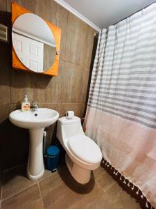 サン・ペドロ・デ・アタカマにあるCabañas Turi Lackarのバスルーム(トイレ、洗面台、鏡付)