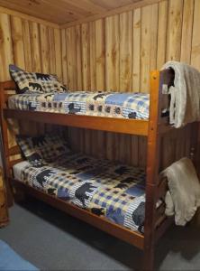 Ce lit se trouve dans un dortoir doté de 2 lits superposés et d'un mur en bois. dans l'établissement Augur Lake Cabin Escape, à Au Sable Forks