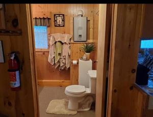 a bathroom with a toilet in a cabin at Augur Lake Cabin Escape in Au Sable Forks