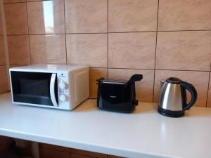 - un four micro-ondes assis sur un comptoir à côté d'une cafetière dans l'établissement Casa Stadium, à Trieste