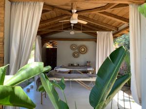 a living room with a table and some plants at Crystal Waters in Nikiana