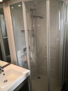 a shower with a glass door next to a sink at GÎTE DE L 'OCRE NICE VIEW in Villars