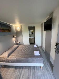 een slaapkamer met een bed en een flatscreen-tv bij Fasthotel Roissy - Saint-Witz in Saint-Witz