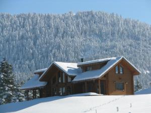 a log cabin with snow on the roof at The Flysch in Miríki